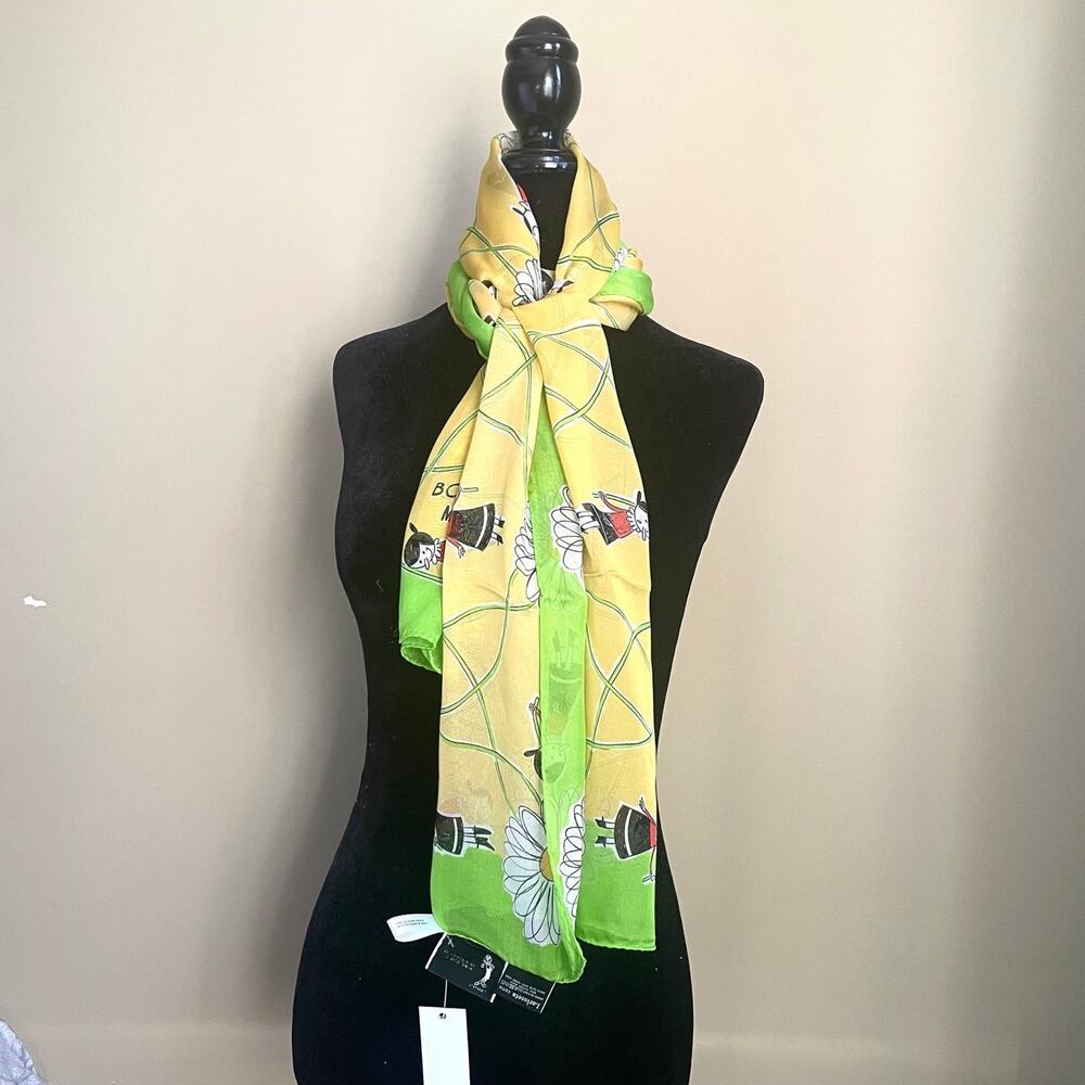 Moschino Olive Oyl Popeye Silk Scarf Yellow Green Floral Italy Lightweight